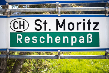 Fototapeta premium a sign of the famous swiss italian reschenpass mountain pass