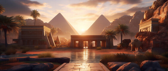 Egyptian pyramid in sand desert at sunset. Generative AI