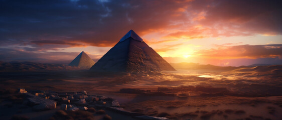 Fototapeta na wymiar Egyptian pyramid at sunset. Fantasy. Generative AI