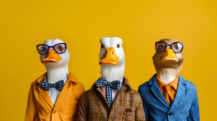 Fototapeta premium . Gang family of duck bird in vibrant bright fashionable outfits, commercial, editorial advertisement, surreal surrealism. Group shot. Generative AI