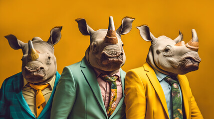  Gang family of rhino rhinoceros in vibrant bright fashionable outfits, commercial, editorial advertisement, surreal surrealism. Group shot. Generative AI