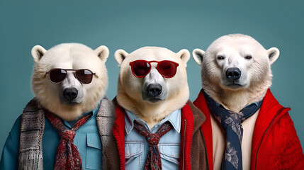 Gang family of polar bear in vibrant bright fashionable outfits, commercial, editorial advertisement, surreal surrealism. Group shot. Generative AI