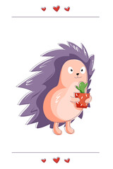 Vector hedgehog with lilac needles holds a pot of cactus in its paws. An interesting cartoon style drawing of an animal with a plant.