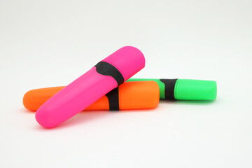 Highlighter fibers in fluorescent colors. Bright colored fibers on white background isolated....