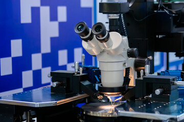 Professional microscope at technology exhibition, trade show. Laboratory equipment, science,...