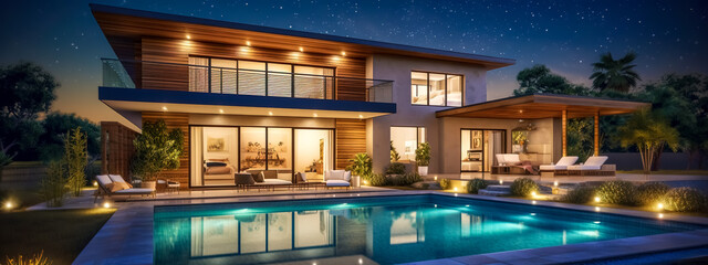 luxury villa with pool, illuminated at night, concept of life of rich people, exclusive real estate for sale and rent, made with Generative AI