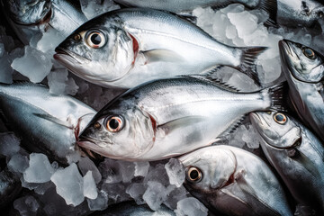 Obraz premium top down view of raw sea bream fish dorado on ice. space for text. generative AI