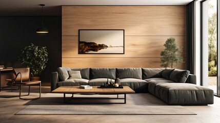 Living room in a modern, minimalist, and warm style.