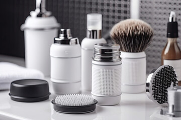 Fototapeta na wymiar Men accessories for face care in the bathroom, foam, towel, etc. Generated Ai