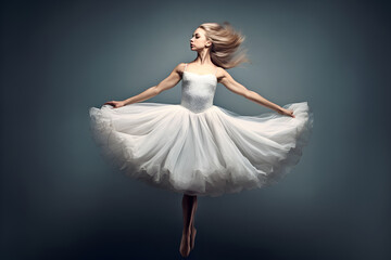 Ballerina in a white dress jumping in the air. Generative AI.