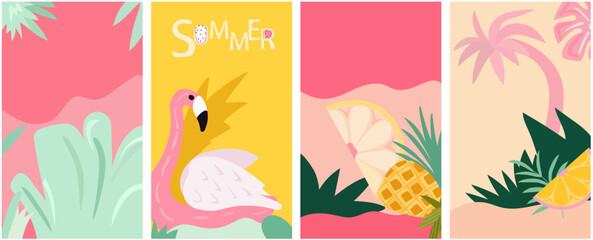 An imaginative backdrop featuring a picturesque seaside landscape, a vibrant sun, flamboyant foliage, and the playful presence of a flamingo. A collection of summer-themed posters. Vector.