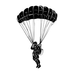 One line vector illustration. Skydiver in the sky. Minimalism. Paratrooper on a parachute.