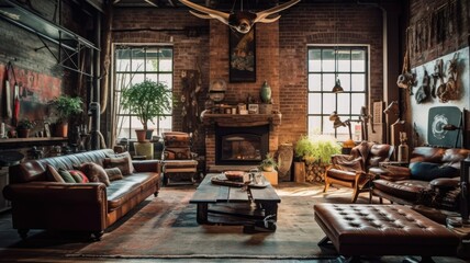 Living room decor, home interior design . Rustic Industrial style with Fireplace decorated with Wood and Metal material . Generative AI AIG26.