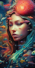 Dreamland. An abstract mermaid in a dreamlike underwater setting. Ai generative.