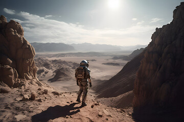 Fototapeta premium Astronaut in a spacesuit on the surface of Mars, Generative AI