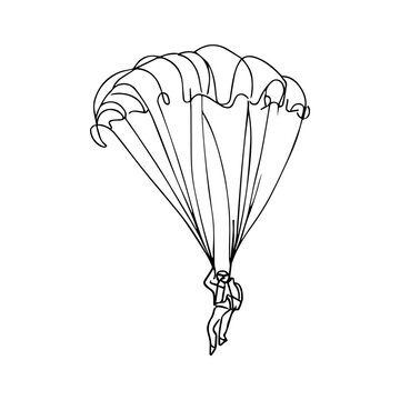 One line vector illustration. Skydiver in the sky. Minimalism. Paratrooper on a parachute.