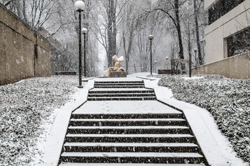 Snowy Trail and Staircase Leading to Pettygrove Park in Downtown Portland, OR