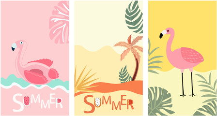 The essence of summertime enjoyment. Background with a seaside landscape, colorful palm leaves, pink flamingo. A of summer themed posters. Vector. 