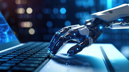 Robot hand typing on the computer. The concept of artificial intelligence replacing a human in dealing with another human. Ai generative
