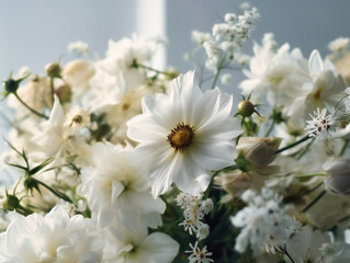 a white bouquet is placed accross a white background