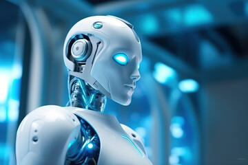 ai male robot on a futuristic blue background