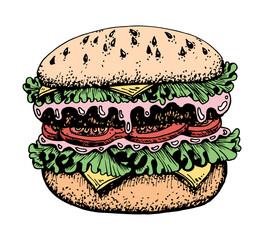 Burger color sketch. Fast food. Snack sandwich, bun, meat cutlet, tomato, cheese, green salad. Hand drawn vector illustration.
