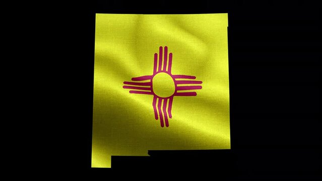 4K waving detailed textured flag of New Mexico animation on the map. Loop alpha channel seamless New Mexican flag on territory. Outline geographic state border of New Mexico stock video.