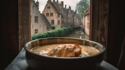 Naklejka premium Belgian Waterzooi in a Historic Bruges Setting