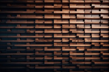 For the background, a modern wall seamless pattern covering with vertical wood slats is used, copy space, 3d rendering illustration Generative AI