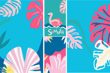 Naklejka premium The essence of summertime enjoyment. Background with a seaside landscape, colorful palm leaves, pink flamingo. A of summer themed posters. Vector. 