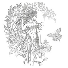Fototapeta na wymiar outline black and white image of a exotic fairy by a zantagle tree of life