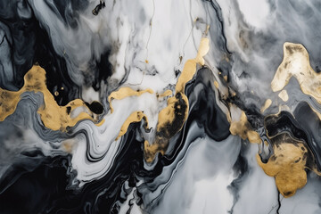 Abstract black, white, gray and gold alcohol ink art background. Generative AI illustration
