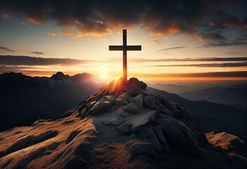 A wooden cross on a hill against the background of the sun. Religious symbol. Ai generative.
