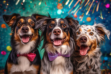 3 fröhliche Hunde mit Fliegen in Partystimmung. Generative Ai. - obrazy, fototapety, plakaty