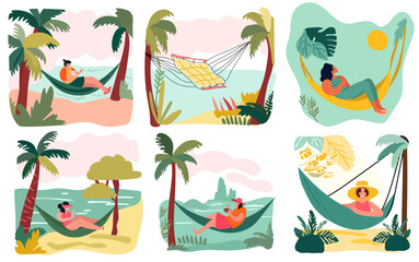 People reclining in shoreline hammocks, basking in the joy of summertime escapes and open-air events. Relishing leisure moments or staying productive in comfortable hanging swings. Vector.