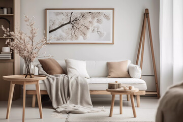 Elegant And Modern Scandinavian Living Room, Floral, Spring, Cozy, Chic, Interior