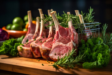 Raw fresh meat steaks on the bone with variety of green herbs and spices. Prime raw racks of lamb, raw lamb meat or fresh tomahawk steak. Generative AI