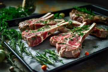 Raw fresh meat steaks on the bone with variety of green herbs and spices. Prime raw racks of lamb, raw lamb meat or fresh tomahawk steak. Generative AI - obrazy, fototapety, plakaty