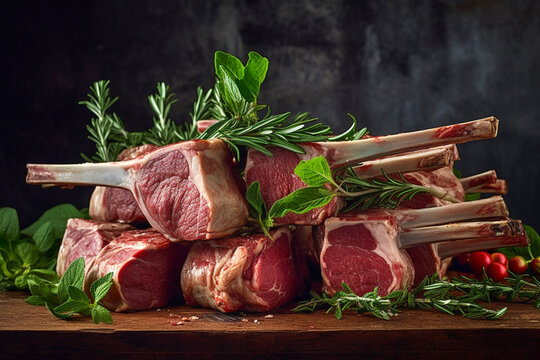 Raw fresh meat steaks on the bone with variety of green herbs and spices. Prime raw racks of lamb, raw lamb meat or fresh tomahawk steak. Generative AI