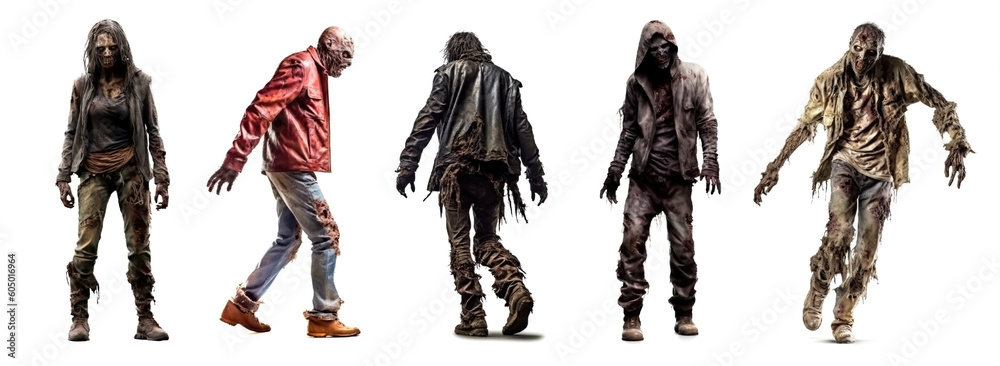 Wall mural Set of zombie man isolated on white background. 3D rendering. Full view. various angles. man and woman. flesh eaters. Torn clothes. tattered and ripped.