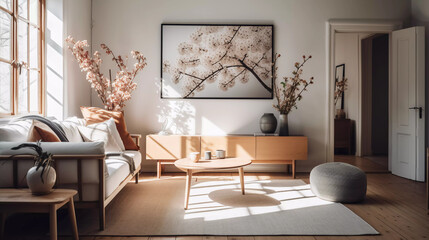 Elegant And Modern Scandinavian Living Room, Floral, Spring, Cozy, Chic, Interior