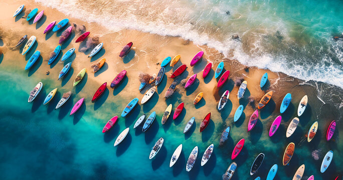 aerial picture of a group of surfboards in shallow water