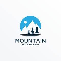 Landscape Hills minimalist, Mountain logo with trees and river vector template.