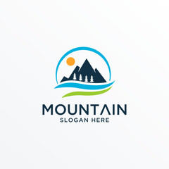 Landscape Hills minimalist, Mountain logo with trees and river vector template.