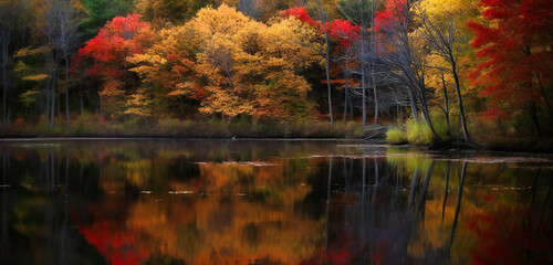 a forest and lake are framed by colorful autumn trees - obrazy, fototapety, plakaty