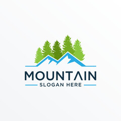 Landscape Hills minimalist, Mountain logo with trees vector template.