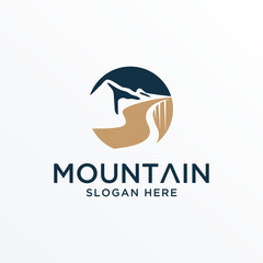 Landscape Hills minimalist, Mountain logo with trees and road vector template.