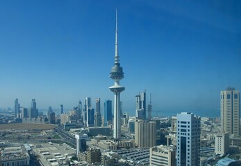 Panoramic view of Liberation tower and Kuwait city skyline