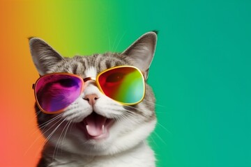 fashion portrait colourful animal cat sunglasses cute neon pet funny. Generative AI.