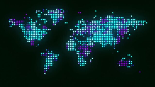 Digital animated map of the world. 4k seamless loop of technological dots representing communication and web data all around the world.